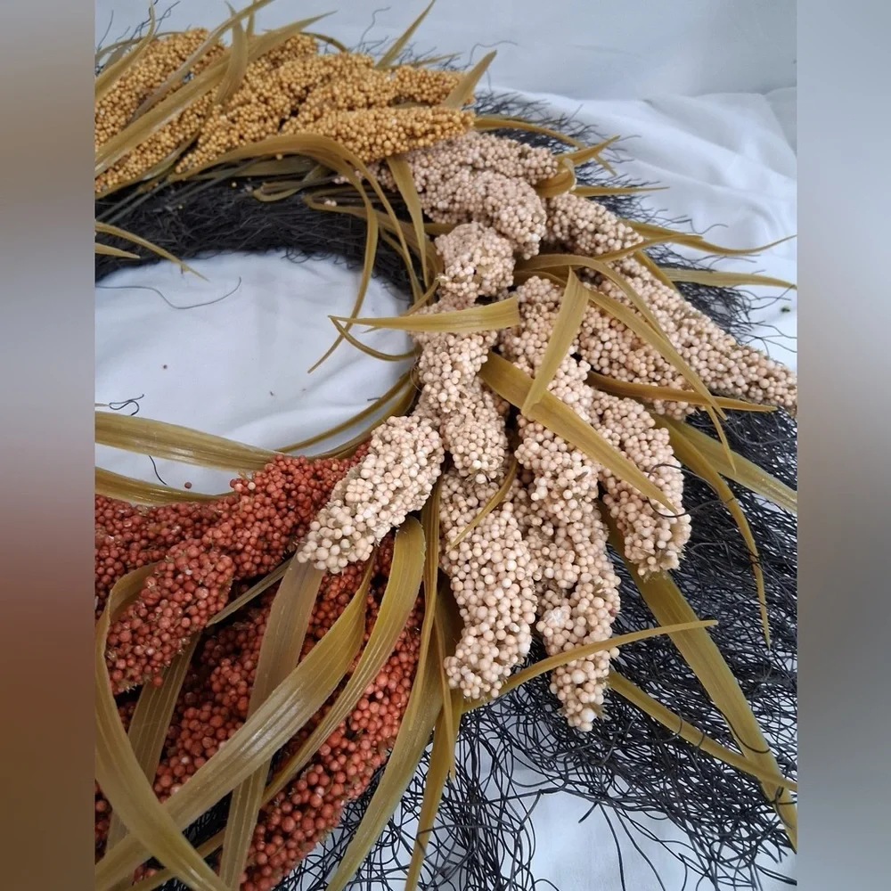 NEW Handcrafted Autumn Harvest Wreath with Multicolor Wheat Grass & Millet Fall